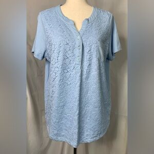 Ivy & Sage Top Lacy Overlay Short Sleeve Shirt Chambray Blue NWT Medium
